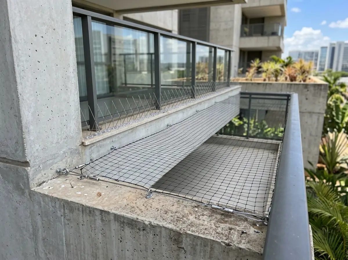 Rede de polietileno e espículas de aço inox instaladas na sacada de um prédio em Brasília